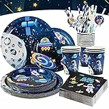 SUNBEAUTY 80 Stück Weltraum Partygeschirr SET – Extra Stabile Pappteller & Becher für Kindergeburtstag Deko – Galaktisches Weltraum-Thema mit Raketen, Planeten & Astronauten für Geburtstagspartys