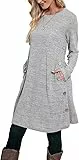 Aokosor Strickkleid Damen Langarm Kleider Pulloverkleid für Damen Tunika Kleid Jumper Kleid mit Knöpfen und Taschen Grau XL