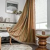 Freyamy Vorhang 160x150cm Boho Bunt Gelb Baumwolle Leinen Landhausstil Vintage Vertikale Streifen Blickdicht Gardinen mit Beige Quasten 2er Set Geometrisch Makramee Verdunklungsvorhänge Bauernhaus