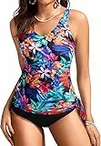 Kate Kasin Damen Tropical Tankini Badeanzug V-Ausschnitt Oberteil mit integriertem BH Hoher Bund Unterteil Krawatte Seite Retro Badeanzug Schwarz Bunte Blätter Floral XL