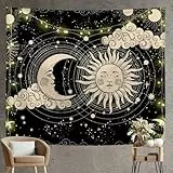 Arawat Wandteppich Sonne Mond Wandtuch Schwarz Gold Wandteppich Mond Sonne Wanddeko Psychedelic Teppich Gothic Wandteppiche Trippy Tapestry Wandtuch Wandbehang Boho Wand Deko (150 x 200cm)