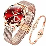 OLEVS Damenuhr Roségold mit Herz Diamant Rot Gesicht Armbanduhr wasserdicht Armreif Armband Set Armbanduhren für Damen
