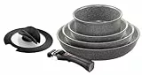 BALLARINI Torre Bratpfannen-Set und Stieltopf, 6 tlg, Keramikbeschichtung, Induktionsgeeignet, Abnehmbarer Griff, Deckel mit einklappbaren Griffen, Aluminium, Grau