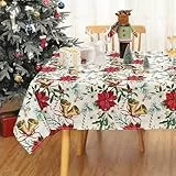 CAROMIO Tischdecke Weihnachtstafeldecke Abwaschbar Tischdekoration für Xmas Wasserabweisend Tischtuch mit Blume Muster Knitterfrei Tischdecke für Esszimmer Schmutzabweisend Tischtuch,Rot,137x200cm