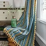 Freyamy Vorhang 220x150cm Böhmische Bunt Blau Baumwolle Leinen Landhausstil Vertikale Streifen Blickdicht Gardinen mit Beige Quasten 2er Set Makramee Verdunklungsvorhänge Gardinen für Wohnzimmer