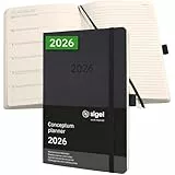 SIGEL C2624 Terminplaner Wochennotiz-Kalender 2026, ca. A5, schwarz, Softcover, 192 Seiten, Gummiband, Stiftschlaufe, Archivtasche, aus nachhaltigem Papier, Kalenderbuch Conceptum