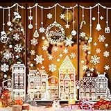 Lonya 5 Blätte Fensterbilder Weihnachten Groß Winter Haus Schneeflocken Weihnachtsdeko PVC Selbstklebend für Fenster Glastür Weiß,30x90cm