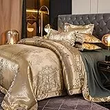 DXHOME Bettwäsche 200x200 Gold Satin Blumen Jacquard Seiden Glänzend Glitzer Bettwäsche Blumenmuster Stickerei Aesthetic Microfaser Barock Bettbezug mit Reißverschluss und 2 Kissenbezüge 80 x 80cm
