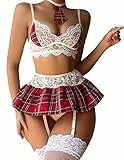 HOTSO Damen Sexy Schulmädchen Dessous Roleplay Reizwäsche Set mit Karierte Minirock Faltenrock Sexy Studenten Kostüme Babydoll Unterwäsche, Negligee School-Girl Cosplay Kostüm Frauen Outfit
