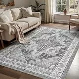 WITSHOCK Boho-Teppich, maschinenwaschbar, für Wohnzimmer, Schlafzimmer, groß, 12,7 x 17,8 cm, orientalisch, rutschfest, schmutzabweisend, Bodenteppich für den Innenbereich, für Küche, Esszimmer,Grau