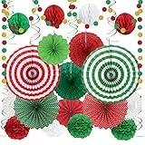 HONMOK 27 Stück Weihnachten Party Dekorationen Rot Grün Papierfächer Papier Wabenbälle Punkt Girlande Weihnachtsdeko Spirale für Weihnachtsfeier Xmas Deko Neujahr Silvester Party