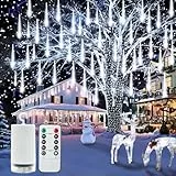 CCILAND Meteorschauer Lichterkette Batterie, 30CM 8 Röhren 192 LED Weihnachtsbeleuchtung Außen mit Timer, Wasserdichte Fallende Regen Lichter für Weihnachten Baum Hochzeit Traufe Garten (Kaltweiß)