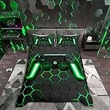 Homewish Geometrische Gamer Bettbezug Set Neonlicht Geometrische Trösterbezug Honeycomb Gamepad Gaming Bettwäsche Sets für Kinder Teen Jungen Bienenstock Hexagon Bettbezug 2 Stücke 135x200 Grau Grün