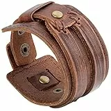 JewelryWe Schmuck Herren Damen Armband, Breit Leder Armreif, Echtleder, Druckknopf, Braun