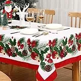CAROMIO Weihnachtstischdecke aus weißem Stoff mit Weihnachtsstern, Schleifen, Stechpalmenbeeren, abwischbar, quadratisch, Tischdecke für den Winterurlaub, Weihnachten, Tischdekoration, 137 x 137 cm