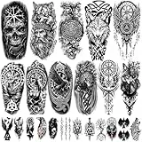 77 Blätter temporäre Wikinger-Tattoos für Erwachsene, nordische keltische Tattoos, Tribal Fake Tattoo-Aufkleber für Wikingerkostüme, nordischer Yggdrasil Valknut Fake Arm Tattoo-Aufkleber