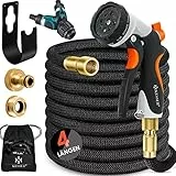 KESSER® flexibler Gartenschlauch 15 m, dehnbarer Flexischlauch, Wasserschlauch mit 3-fach Latexkern, 8 Modi Sprühpistole, Messing Anschlüsse + Wandhalterung, 1/2' & 3/4' Adapter & Tasche, Schwarz