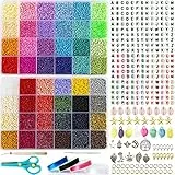 36551pcs 48 Farbe 2mm Perlen Set Glasperlen zum Auffädeln Erwachsene Bunte Rocailles Perlenset für Armbänder Ketten Ringe Handykette Schmuckherstellung Handwerk mit Buchstaben Elastische Schnur