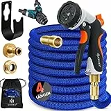 KESSER® flexibler Gartenschlauch 15 m, dehnbarer Flexischlauch, Wasserschlauch mit 3-fach Latexkern, 8 Modi Sprühpistole, Messing Anschlüsse + Wandhalterung, 1/2' & 3/4' Adapter & Tasche, Blau