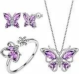 TOFBS Schmuck Set Damen Schmetterling Legierung Schmuckset Vierteiliges Ring Ohrringe Halskette Hypoallergene Modeschmuck Geschenke für Frauen Mädchen(Lila)