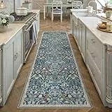 PureCozy LäUfer Flur Teppich 60x240cm Blumenmuster kurzflor rutschfest Weich Retro Waschbarer Teppiche für Küchen Hallway Bettvorleger Schlafzimmer Wohnzimmer Carpet, Hellblau