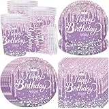 Bikasun Lila Partygeschirr Set, 16 Gäste Lila Diamant Geburtstag Geschirr, Kindergeburtstag Teller Becher Servietten Pappteller Party Deko Mädchen Tischdekoration