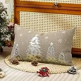 Lewondr Weihnachten Kissenabdeckung, 1 Stück 30×50CM Weihnachtsbäume Stickerei Dekorative Kissenbezug, Punk-Stil Leinenimitat dekorative Kissenabdeckung für Bett Schlafzimmer Wohnzimmer Couch