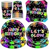 YeahBoom 50 Stück Partygeschirr Set, Happy Brithday Neonfarbenes Geburtstag Deko,Geschirrset mit Pappteller Becher und Servietten,Partyzubehör Geschirr,für Geburtstag Partydeko Tischdeko für 10 Gäste