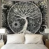 Betylifoy Baum des Lebens Tapisserie Mond und Sonne Schwarzer Wandbehang Psychedelisches Mandala Sternenhimmel Wandteppich Hippie Schlafzimmer (148x200cm)