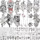 CHIZIRU 66 Blätt 3D Eule Tiger Blume Temporäre Tattoos Damen Frauen Mädchen, Groß Schädel Lotus Schlange Fake Tattoos Zum Aufkleben Klebetattoos Erwachsene, Rose Blumen Klebe Tattoo Aufkleber Festival