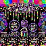 168 Pack Leuchtendes Neon-Party-Zubehör Glühen im Dunkeln Party Dekorationen BlackLight Partygeschirr-Set - Teller, Banner, Fluoreszierende Ballons, Tischtuch, Girlande, Servietten Für 20 Personen