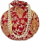 Purpledip Seide Potli Tasche (Clutch, Kordelzug Geldbörse): Aufwendige Goldfaden Stickerei Umhängetasche für Frauen, Kastanienbraun (12602H), Kastanienbraune Reben, Large
