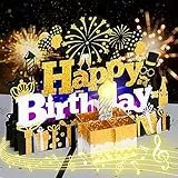 Geburtstagskarte, Musikalische Geburtstagskarten mit Licht und Musik, Blowable Kerze 3D Geburtstag Pop Up Karte, Blow Out LED Licht Kerze und spielen alles Gute zum Geburtstag-Schwarz Gold