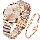 OLEVS Damenuhr Roségold mit Herz Diamant Rosa Gesicht Armbanduhr wasserdicht Armreif Armband Set Armbanduhren für Damen