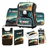 OXY BAG Schulranzen 8 Teilig Auto Ergonomischer Schulrucksack Set Sportbeutel Federmappe Kunstponcho Trinkflasche Snackbox Leicht Schulset Jungen Mädchen Schultasche für 1. - 3. Klasse Back to School