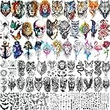 LAROI 66 Blatt Bunt Tattoo Zum Aufkleben Herren Damen, Schwarz Löwe Tiger Wolf Temporär, Aquarell Skelett Fake Klebe Set Kit Mond Schlange für Erwachsene Frauen Männer