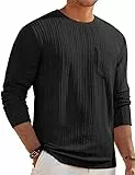 Elegancity Herren Pullover Textur Schwarz O-Ausschnitt Sweatshirt Einfarbig Langarmshirt Ohne Kapuze Stretch Tee Shirts Mit Tasche M