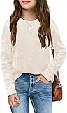 Haloumoning Mädchen Strickpullover Rundhals Gestrickt Pullover Kinder Langarm Jumper Einfarbig Herbst Winter Oberteile Knitted Sweater Beige 140