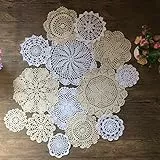 MINDPLUS Set mit 14 Handgehäkelten Deckchen Baumwolle Gehäkelte Spitzen Deckchen Tischset 10-25 cm Rund Weiß und Beige Vintage-Hochzeit Teeparty