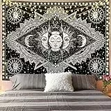 Arawat Wandteppich Sonne Wandtuch Schwarz Weiß Wandteppich Mond Sonne Wanddeko Psychedelic Teppich Wandteppiche Gothic Tapestry Trippy Wandtuch Wandbehang Boho Wand Deko (150 x 200cm)