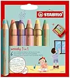 STABILO - Buntstift, Wasserfarbe & Wachsmalkreide - woody 3 in 1-6er Pack mit Spitzer - Pastellfarben