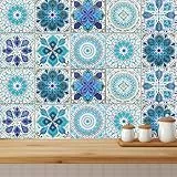 Fliesenaufkleber 20 Stück, Klebefliesen Blau Fliesen Sticker, Mosaik Klebefliesen, PVC Fliesensticker, Selbstklebend Klebefolie Marokko Wasserdicht Fliesenfolie für Küche Bad Treppen, 10 x10 CM