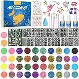 Bledras Glitzer Tattoo Set Kinder, 42 Farben Temporary Glitter Tattoos, 210 Schablonen, 370 Strasssteine, 5 Pinsel, 3 Kleber, Glitter Make Up Kit for Birthday Party Ostergeschenk
