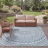 SAFAVIEH Zeitgenössische Teppich für Innen - & Außenbereich - Courtyard Collection, Kurzer Flor, Hellgrau und Blau, 201 X 290 cm