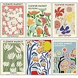 6Pcs Stilvolles Blumen Bilder Set Flower Market Poster Kunstdrucke A4 Moderne Wandbilder Vintage Wanddeko Ohne Rahmen Premium für Wohnzimmer Schlafzimmer Esszimmer…