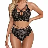 HOTSO Damen Sexy Dessous-Set mit Strapsgürtel, 3-Teil BH + String Tanga, Spitze Push-UpTräger-BH und Höschen-Set Unterwäsche, Florale Spitze Nachtwäsche Babydoll S-2XL