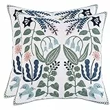 Tosleo 2 Stück Kissenhülle Bestickte 45 x 45cm Blaue Blätter Kissenbezug Wurfkissenbezüge für Gartenlounge Sofa Dekokissen Wohnzimmer Schlafzimmer Bauernhaus