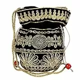 Purpledip Potli Bag (Clutch, Kordelzug-Geldbörse) für Damen mit aufwendigem Goldfaden und Paillettenstickerei, Schwarz, Large