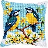 Vervaco Kreuzstich Stickpackungen Kissen Stickerei Set Anfänger Vorgedruckt Blaumeisen DIY Set Kreativ Set Für Erwachsene Dekoratives Kissen ca. 40 x 40 cm Bastelset Handwerker Haus Dekoration