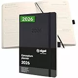SIGEL C2622 Terminplaner Wochenkalender 2026, ca. A5, schwarz, Softcover, 192 Seiten, Gummiband, Stiftschlaufe, Archivtasche, aus nachhaltigem Papier, Kalenderbuch Conceptum